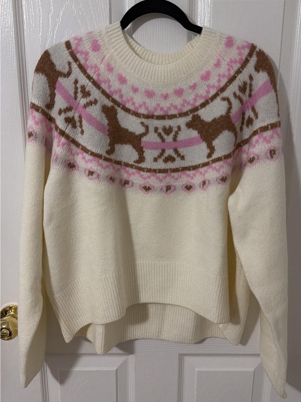 Cream Fair Isle Reindeer Sweater with Pink & Brown Accents